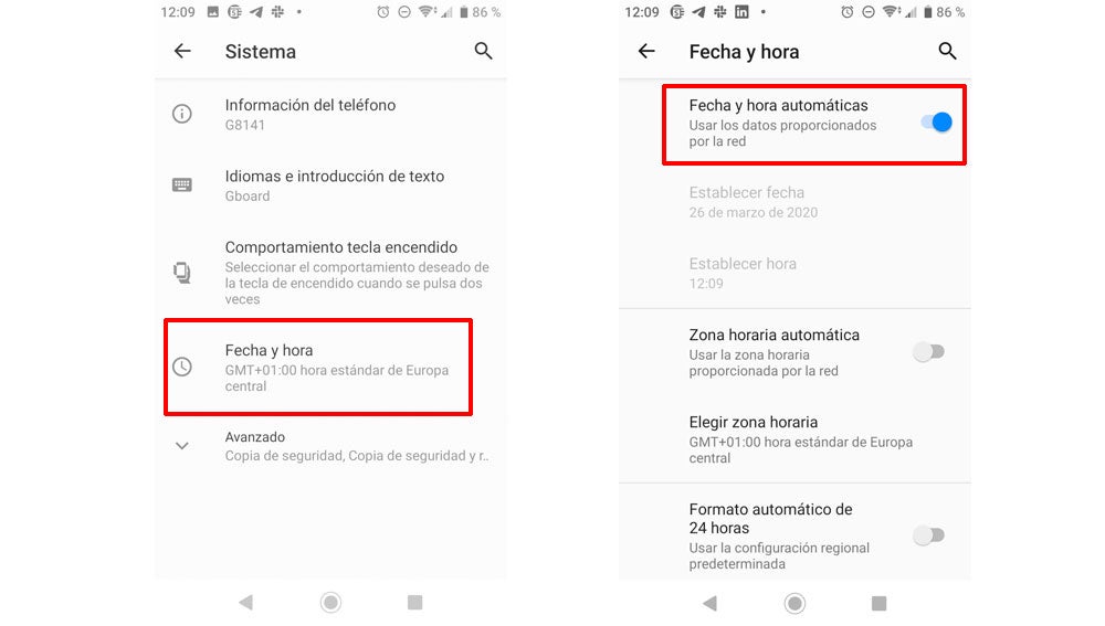 Seleccionando la hora automática en Android