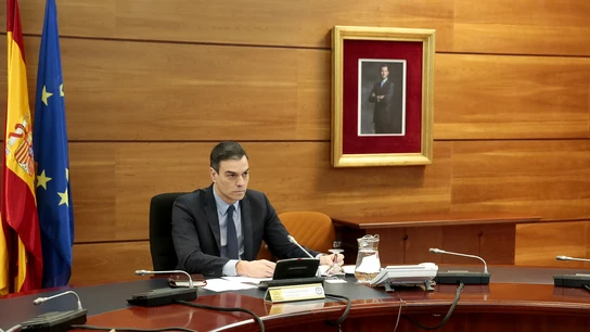Pedro Sánchez, durante el Consejo de Ministros Extraordinario celebrado este domingo Pedro Sánchez, durante el Consejo de Ministros Extraordinario celebrado este domingo