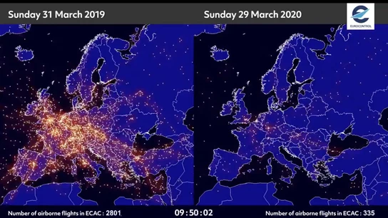 Las imágenes satelitales que muestran cómo han decrecido los vuelos en la Eurozona a causa del coronavirus. Las imágenes satelitales que muestran cómo han decrecido los vuelos en la Eurozona a causa del coronavirus.