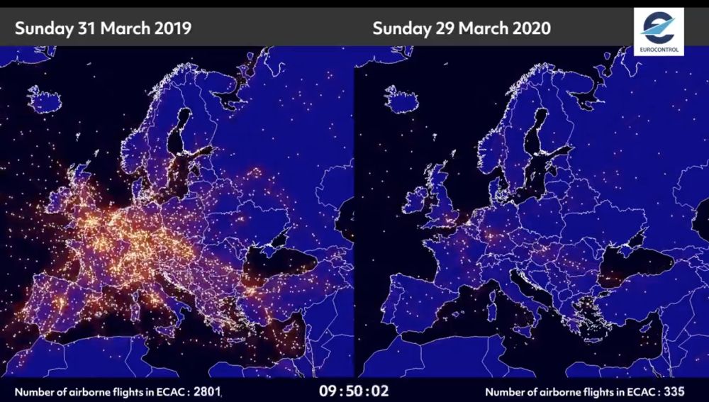 Las imágenes satelitales que muestran cómo han decrecido los vuelos en la Eurozona a causa del coronavirus.