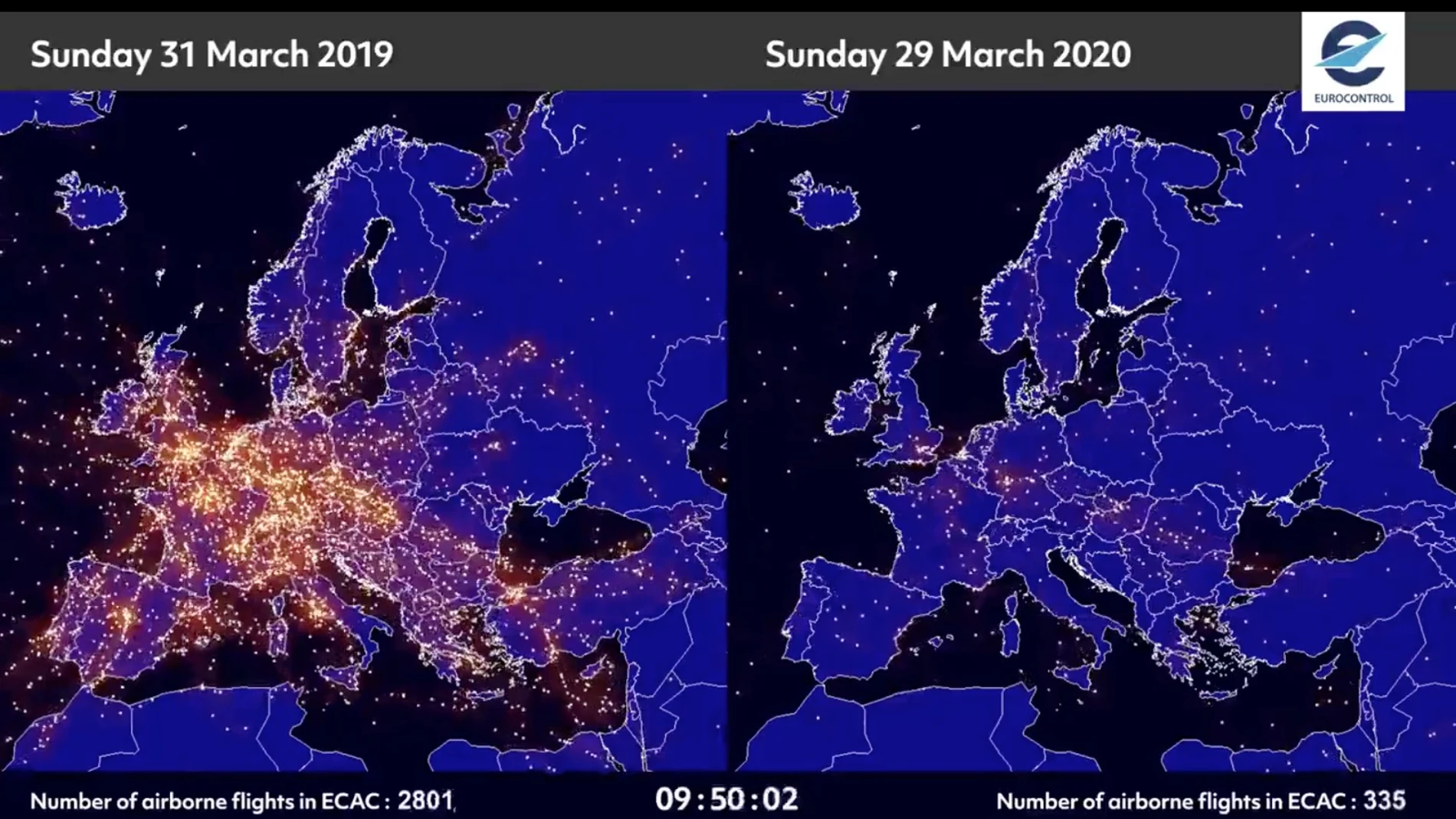 Las imágenes satelitales que muestran cómo han decrecido los vuelos en la Eurozona a causa del coronavirus.