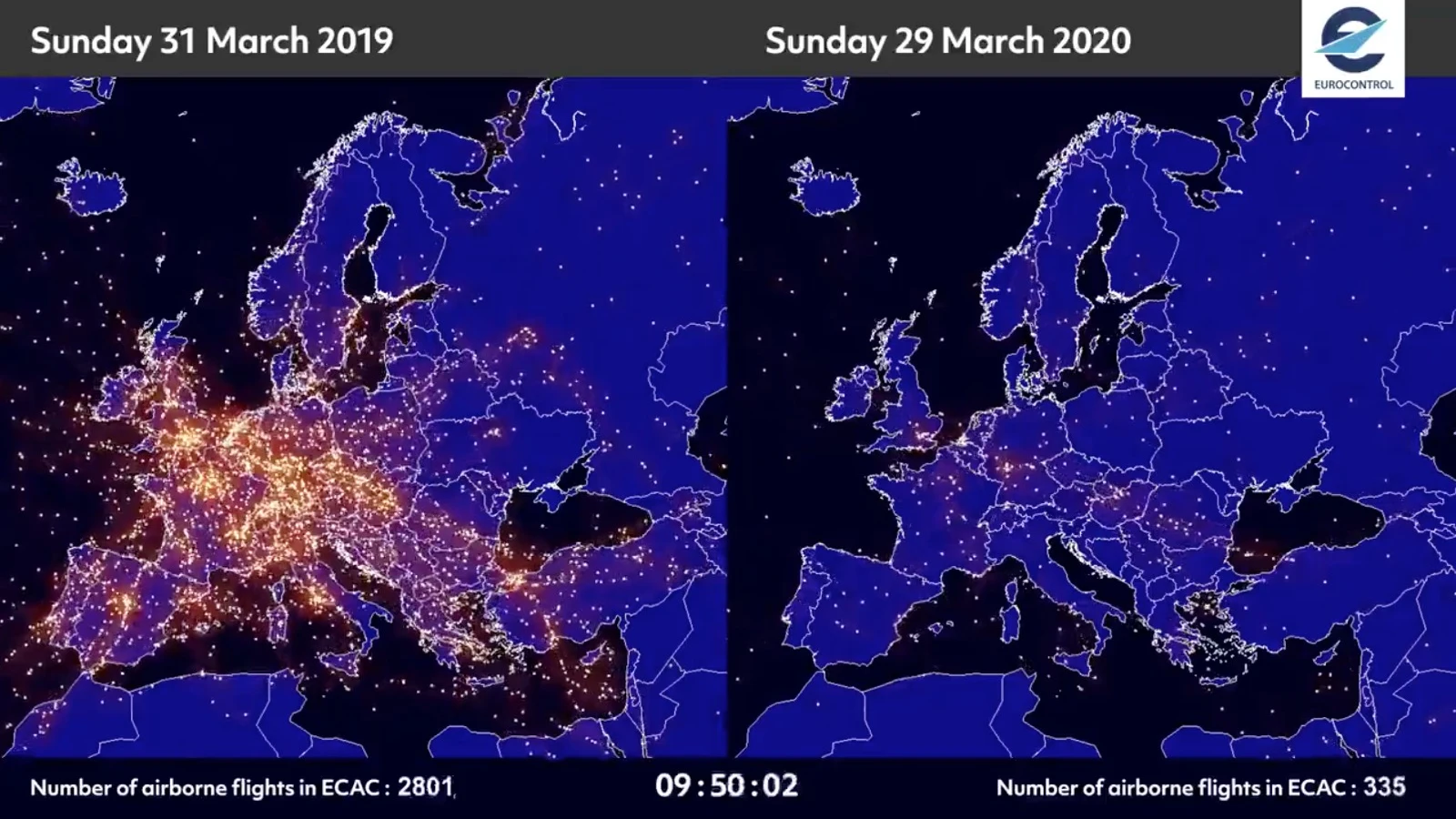 Las imágenes satelitales que muestran cómo han decrecido los vuelos en la Eurozona a causa del coronavirus.