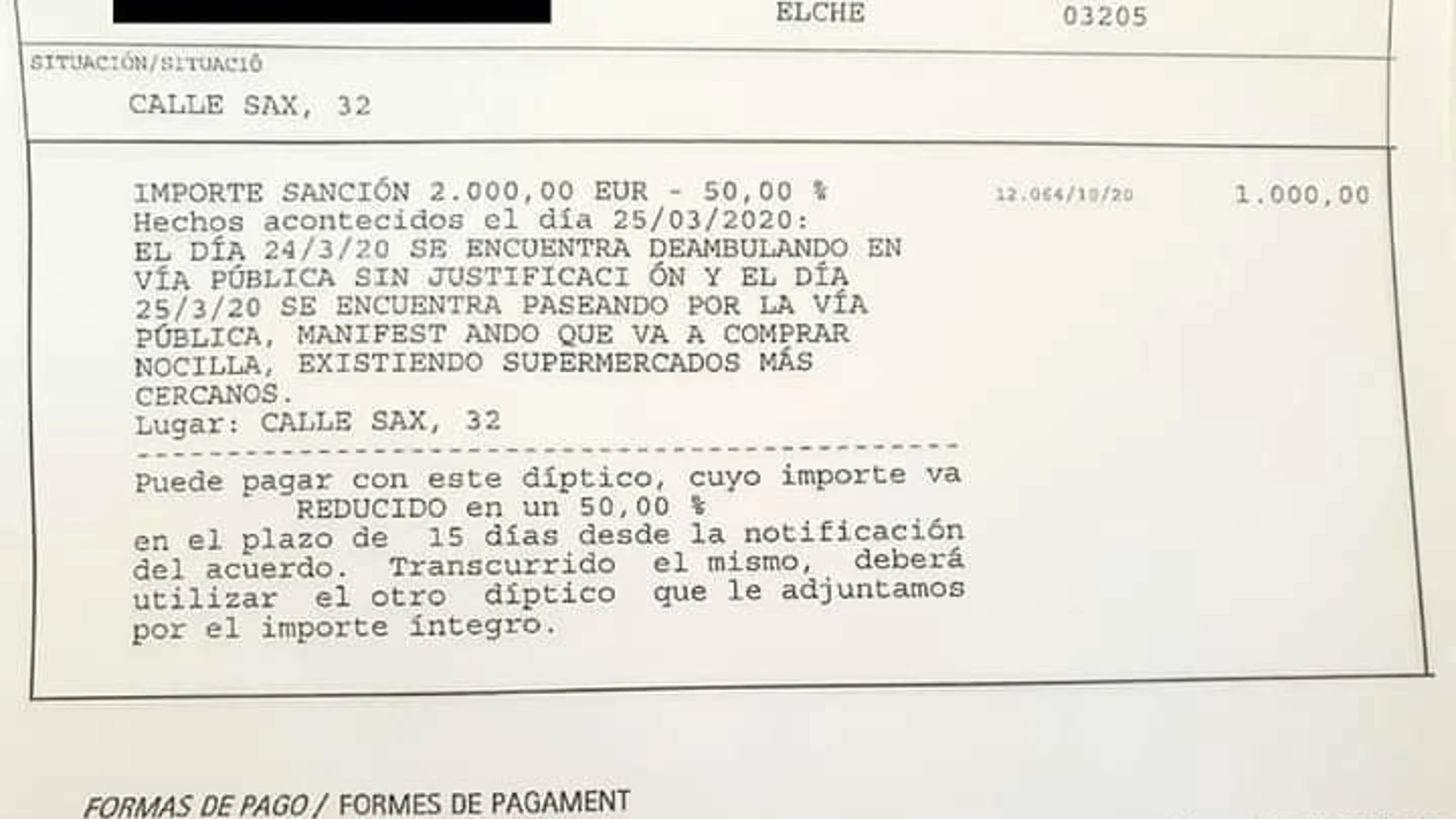 Multa de dos mil euros por pasear por la calle por segundo día consecutivo, en pleno estado de alarma, argumentando que iba "a comprar Nocilla". ESTADO DE ALARMA