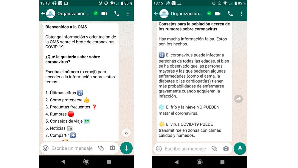El chat de la OMS en WhatsApp ahora en español