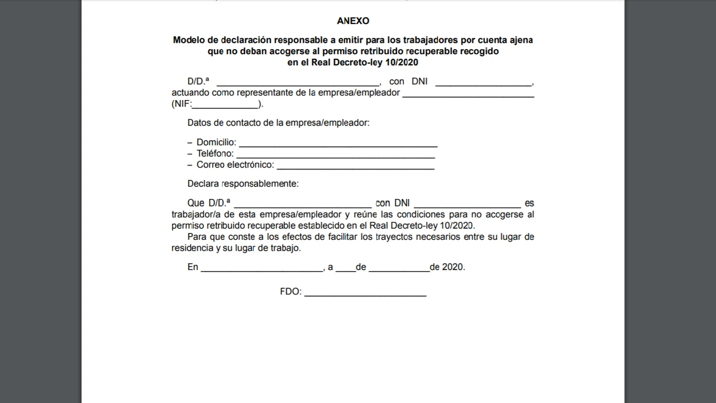 Modelo de declaración responsable que recoge el BOE Modelo de declaración responsable que recoge el BOE