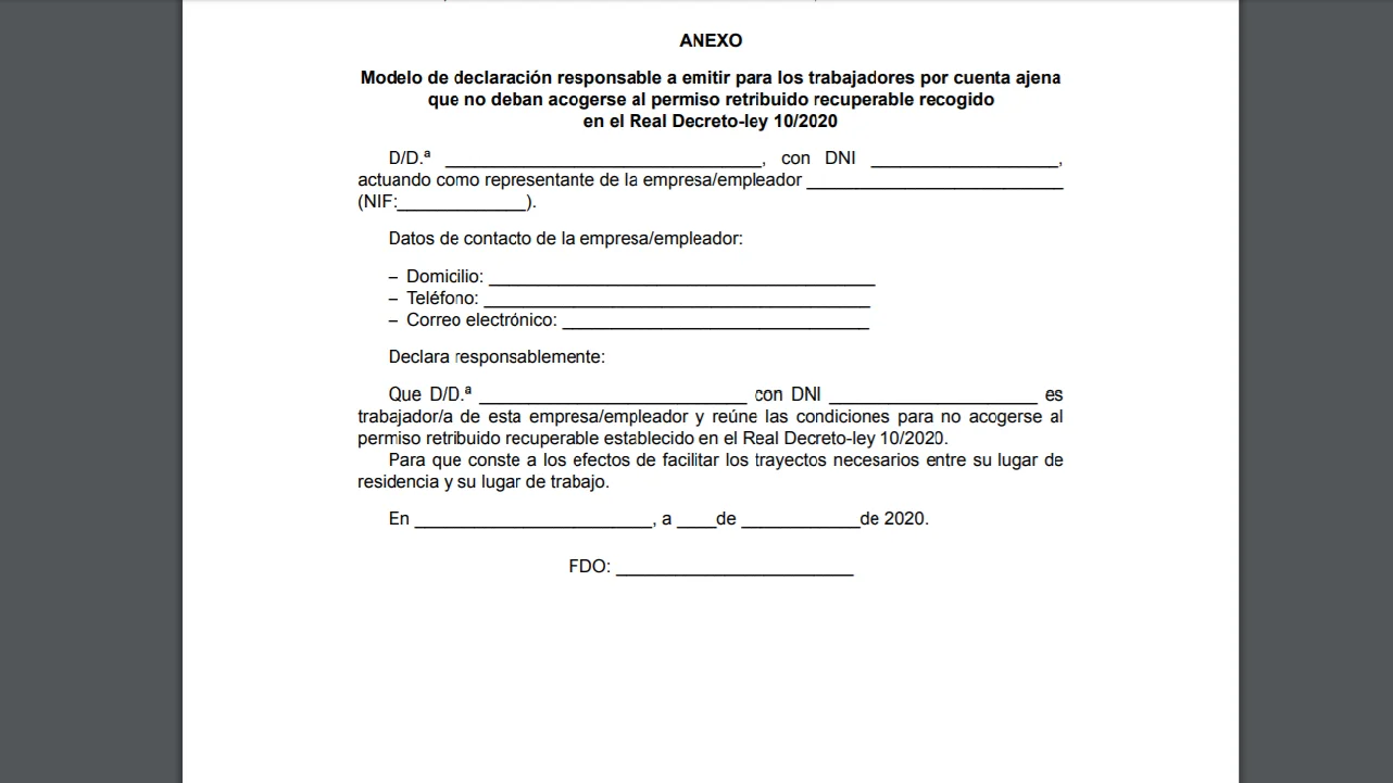 Modelo de declaración responsable que recoge el BOE