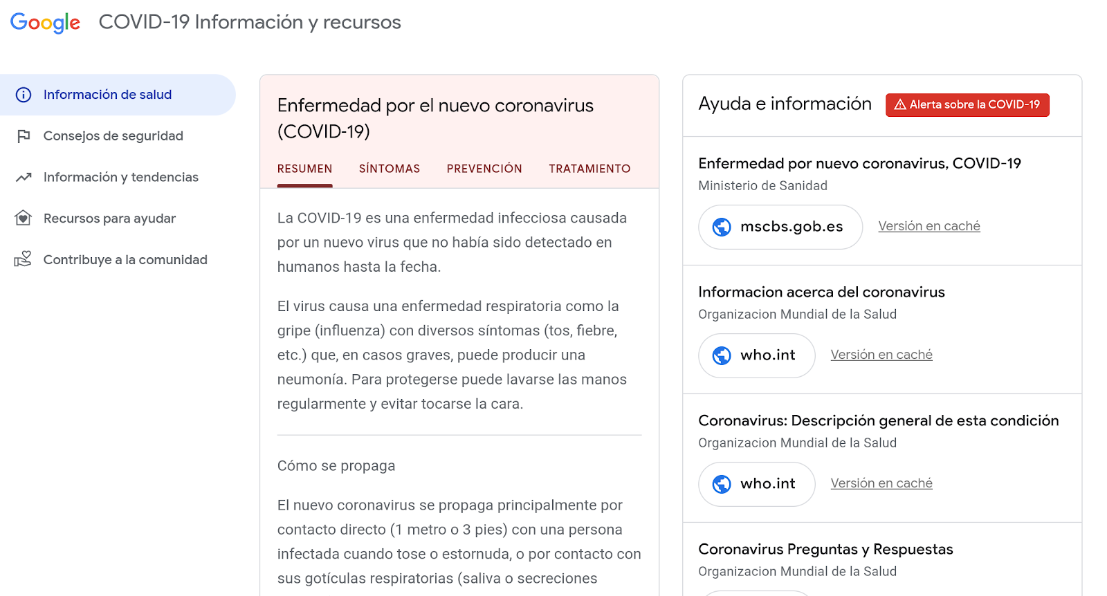 Página de Google sobre el Covid-19