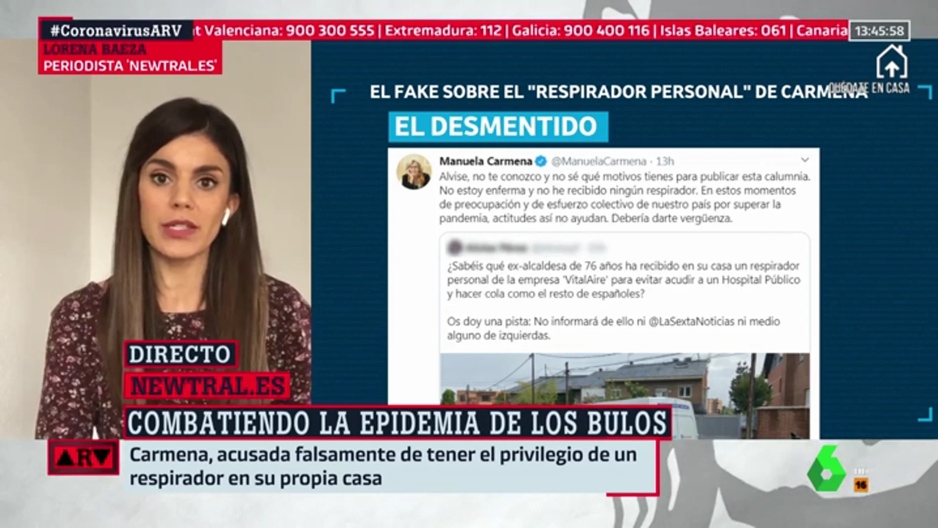 El tuit que afirma que Manuela Carmena ha recibido un respirador personal en su casa es falso