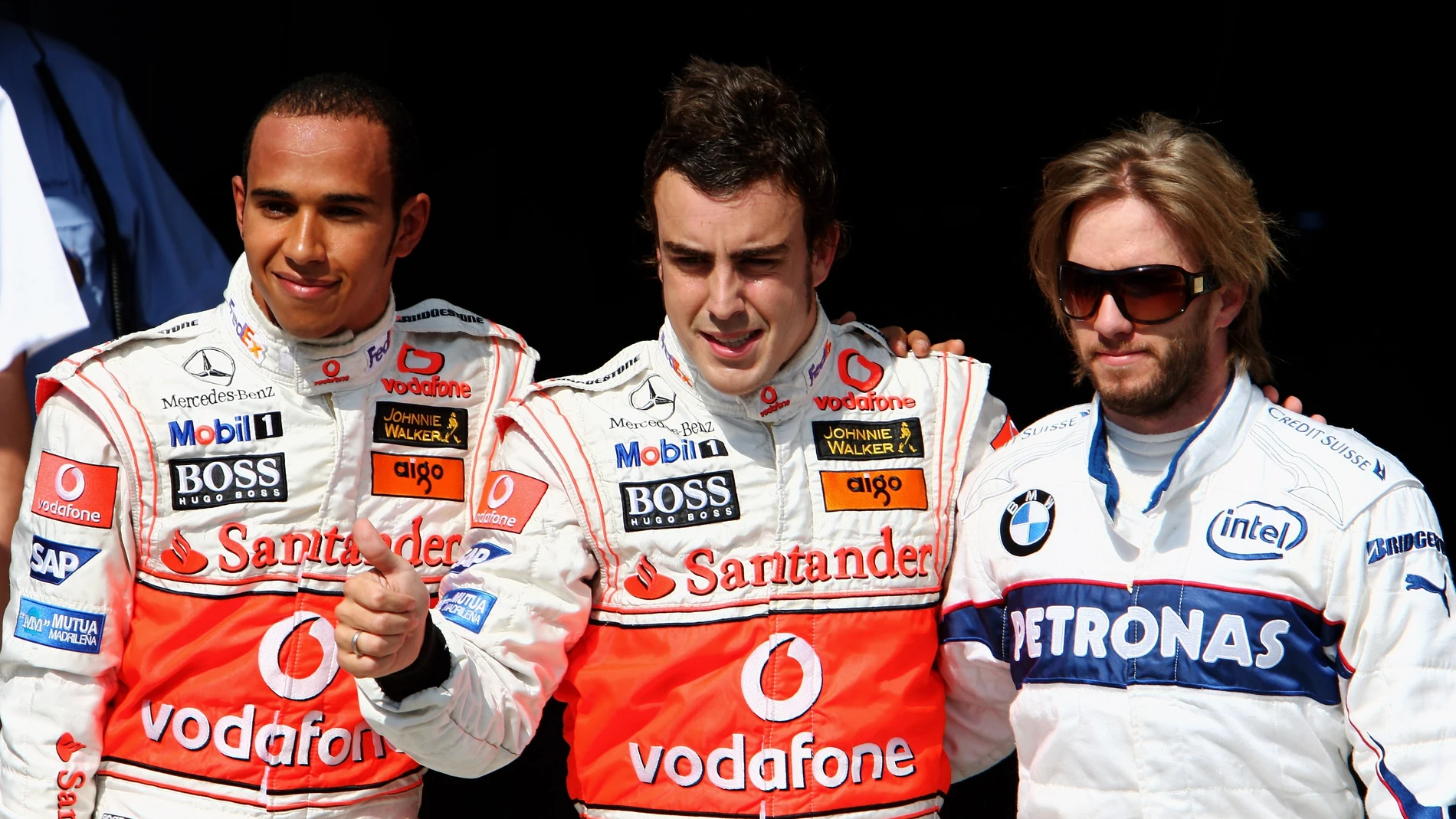 Lewis Hamilton, Fernando Alonso y Nick Heidfeld