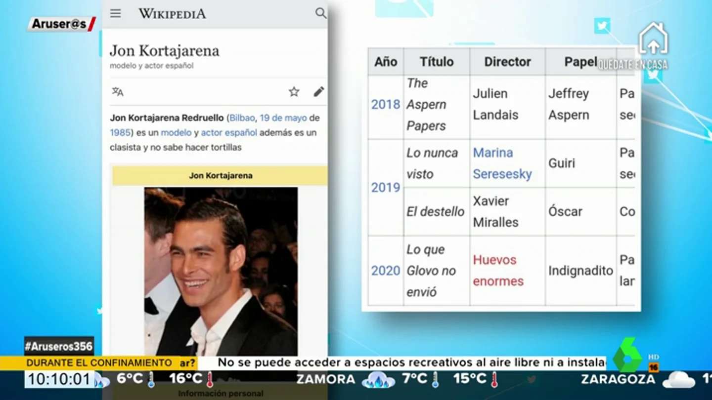 Así han troleado los usuarios de Wikipedia a Jon Kortajarena por su polémica con Glovo: "es un clasista y no sabe hacer tortillas" Así han troleado los usuarios de Wikipedia a Jon Kortajarena por su polémica con Glovo: "es un clasista y no sabe hacer tortillas"