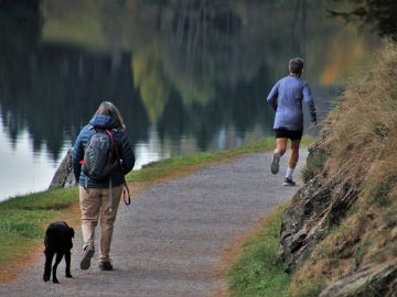 Una mujer pasea con su perro mientras un hombre corre en un parque Una mujer pasea con su perro mientras un hombre corre en un parque