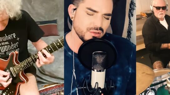 Brian May y Roger Taylor de Queen junto al cantante Adam Lambert