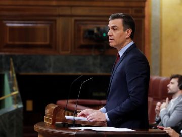 El presidente del Gobierno, Pedro Sánchez, durante su intervención en del debate, este miércoles en el Congreso. El presidente del Gobierno, Pedro Sánchez, durante su intervención en del debate, este miércoles en el Congreso.