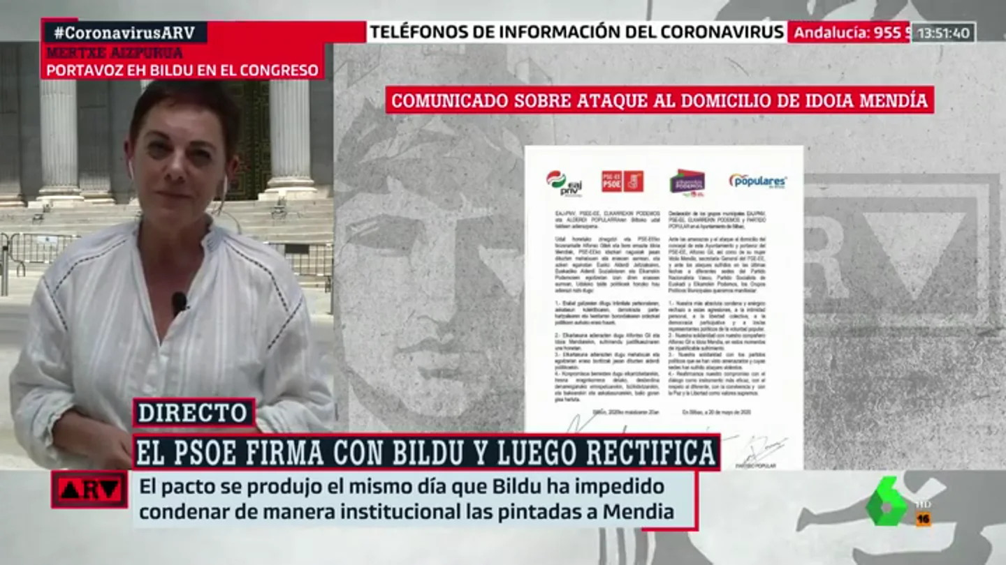 Aizpurua (Bildu), sobre el ataque a la casa de Idoia Mendia: "Rechazamos toda expresión de violencia" Aizpurua (Bildu), sobre el ataque a la casa de Idoia Mendia: "Rechazamos toda expresión de violencia"
