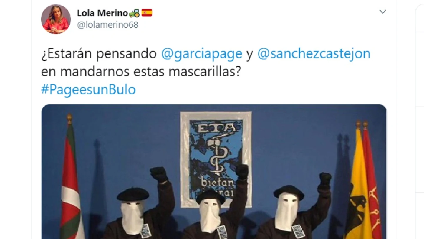 Imagen de un tuit de Lola Merino, portavoz del PP en las Cortes de Castilla-La Mancha Imagen de un tuit de Lola Merino, portavoz del PP en las Cortes de Castilla-La Mancha