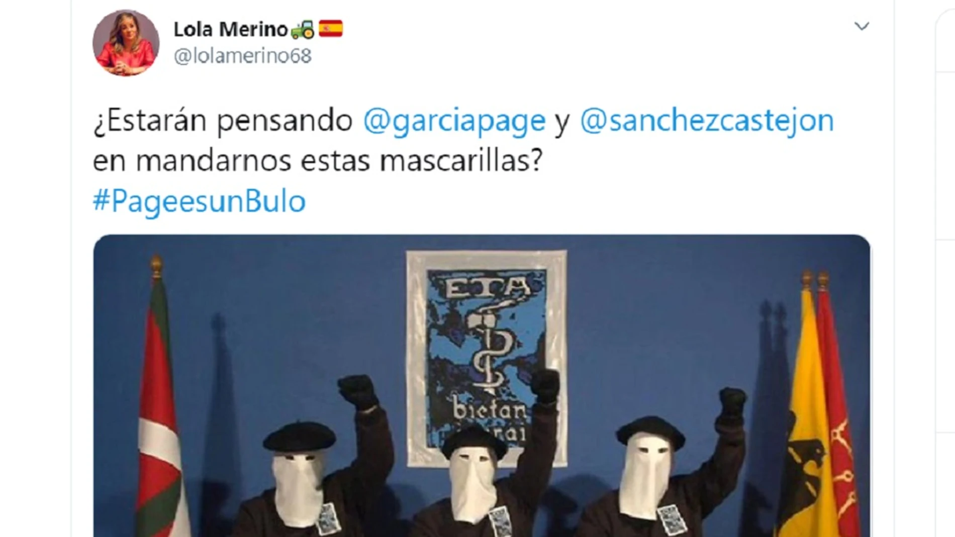 Imagen de un tuit de Lola Merino, portavoz del PP en las Cortes de Castilla-La Mancha