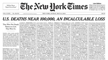 La portada del 'New York Times' con el 1% de las víctimas del coronavirus en Estados Unidos