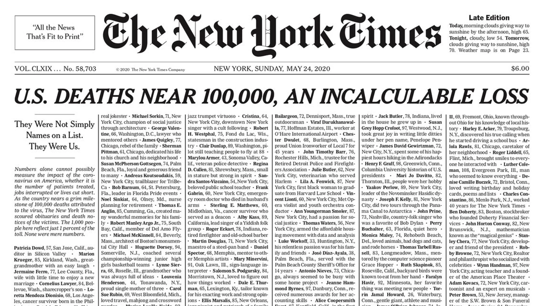 La portada del 'New York Times' con el 1% de las víctimas del coronavirus en Estados Unidos
