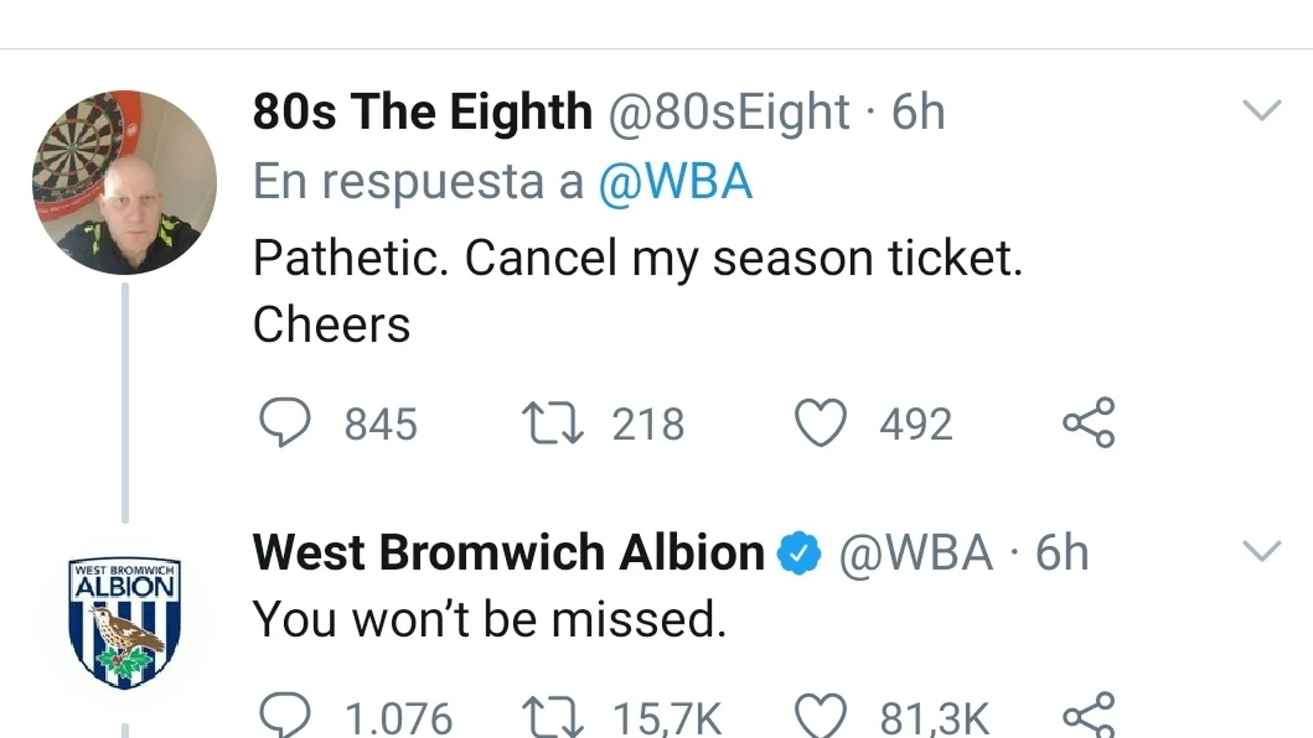 Respuesta del West Bromwich a un aficionado.