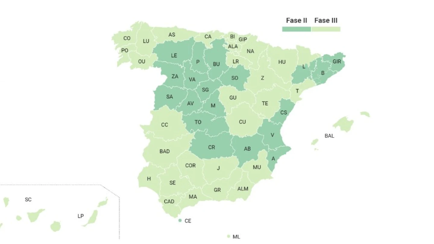 Mapa de la desescalada en España desde el 8J Mapa de la desescalada en España desde el 8J
