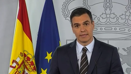 Pedro Sánchez durante la rueda de prensa posterior a la videoconferencia con los presidentes autonómicos Pedro Sánchez durante la rueda de prensa posterior a la videoconferencia con los presidentes autonómicos