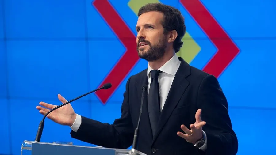 El presidente del PP, Pablo Casado, este lunes en Madrid, durante su intervención ante la Junta Directiva Nacional del partido