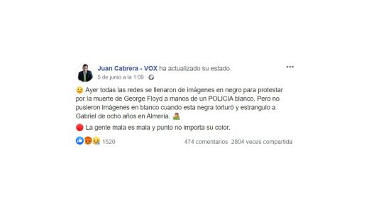 La publicación del excoordinador de Vox vinculando el asesinato de Gabriel Cruz con la muerte de George Floyd