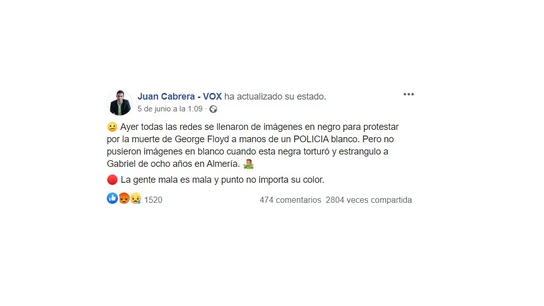 La publicación del excoordinador de Vox vinculando el asesinato de Gabriel Cruz con la muerte de George Floyd La publicación del excoordinador de Vox vinculando el asesinato de Gabriel Cruz con la muerte de George Floyd