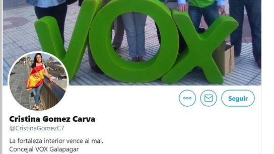 La cabecera del perfil de Twitter de Cristina Gómez Carva, edil de Vox en Galapagar. La cabecera del perfil de Twitter de Cristina Gómez Carva, edil de Vox en Galapagar.
