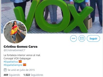 La cabecera del perfil de Twitter de Cristina Gómez Carva, edil de Vox en Galapagar. La cabecera del perfil de Twitter de Cristina Gómez Carva, edil de Vox en Galapagar.