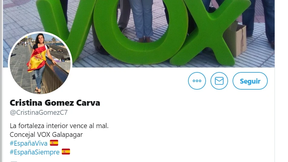 La cabecera del perfil de Twitter de Cristina Gómez Carva, edil de Vox en Galapagar.