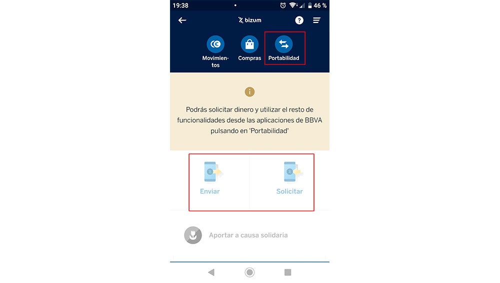 Interfaz de Bizum en BBVA en una cuenta que necesita hacer portabilidad