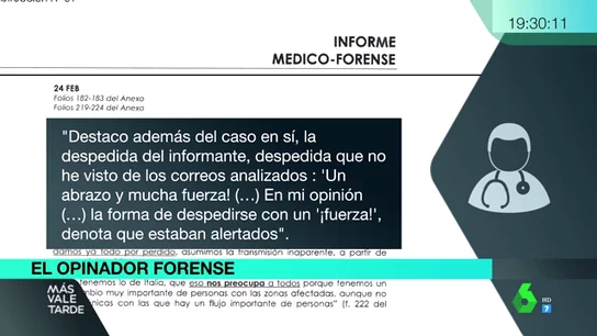 Las interpretaciones del forense del 8M: "La despedida del correo electrónico denota que estaban alertados" Las interpretaciones del forense del 8M: "La despedida del correo electrónico denota que estaban alertados"
