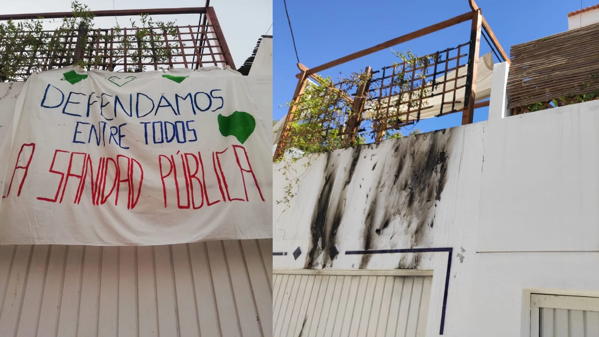 Pancarta incendiada y estado en el que quedó el exterior del porche tras el fuego.