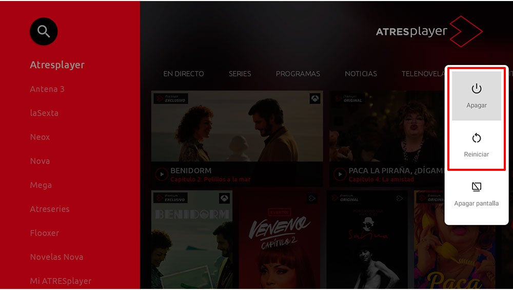 Menú para apagar o reiniciar tu Android TV