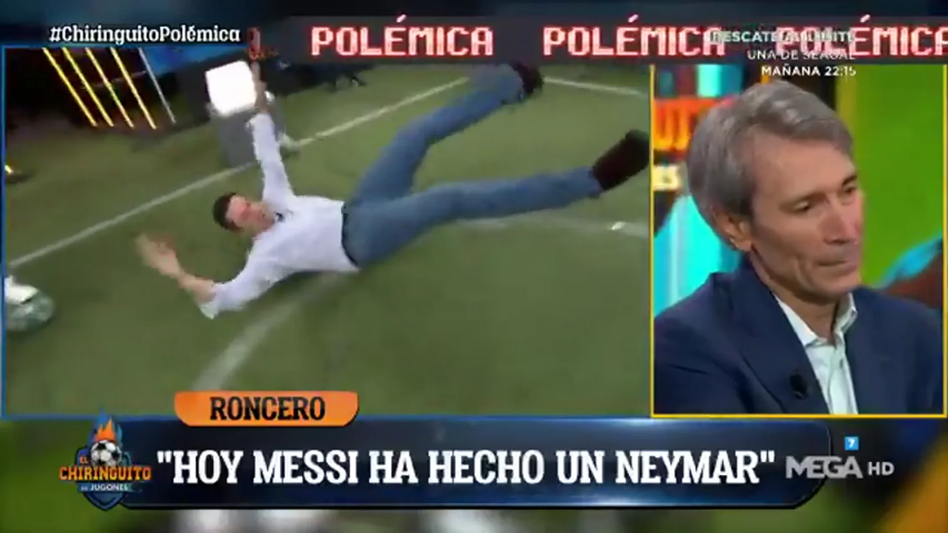 Tomás Roncero imita a Leo Messi y se tira en el suelo del plató de 'El Chiringuito'