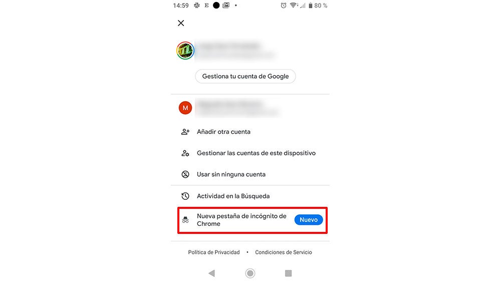 Nuevo acceso a la pestaña de incógnito