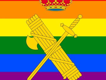 El escudo de la Guardia Civil sobre la bandera del arcoíris El escudo de la Guardia Civil sobre la bandera del arcoíris