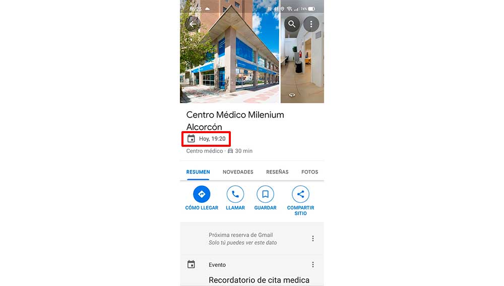 Comprobando una cita médica en Google Maps