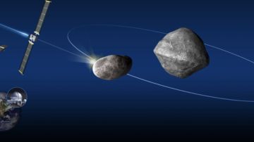 Imagen del proyecto: la nave DART y el asteroide Dimorphos