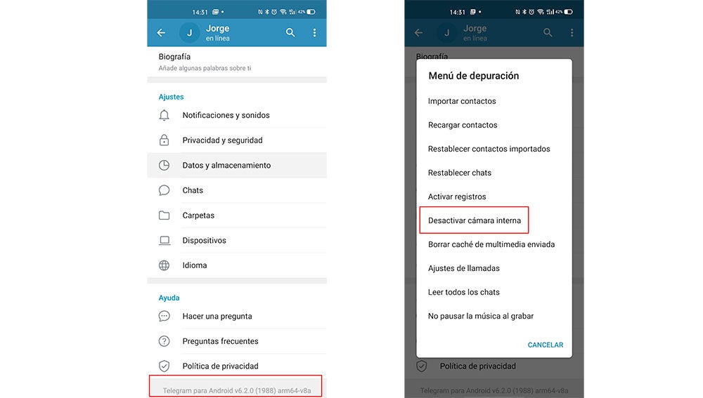 Desactivando la cámara nativa de Telegram