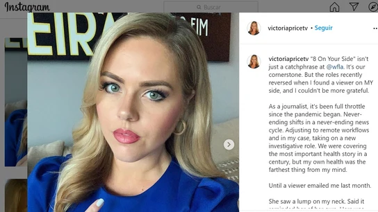 La periodista Victoria Price ha contado en sus redes sociales que una espectadora le alertó de que podía tener cáncer La periodista Victoria Price ha contado en sus redes sociales que una espectadora le alertó de que podía tener cáncer