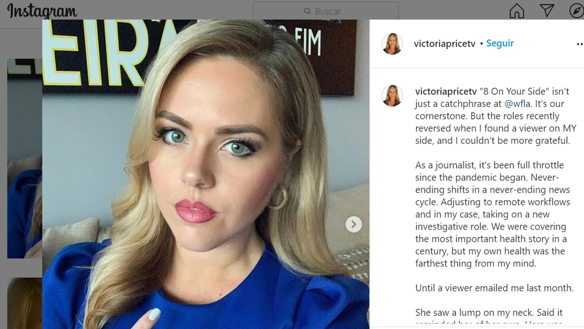 La periodista Victoria Price ha contado en sus redes sociales que una espectadora le alertó de que podía tener cáncer