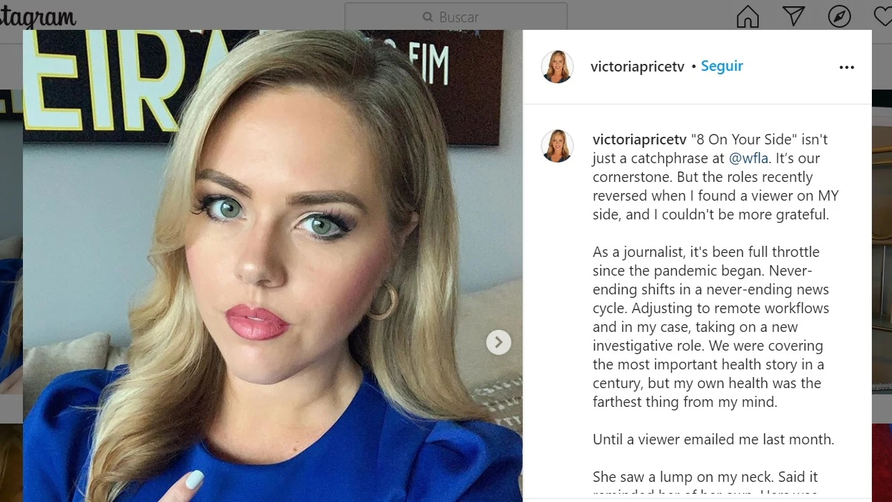 La periodista Victoria Price ha contado en sus redes sociales que una espectadora le alertó de que podía tener cáncer