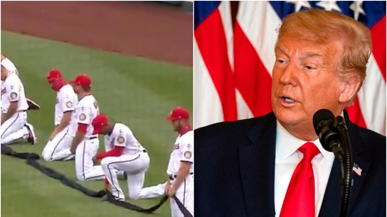 Jugadores de los Washington Nationals arrodillados y Donald Trump Jugadores de los Washington Nationals arrodillados y Donald Trump
