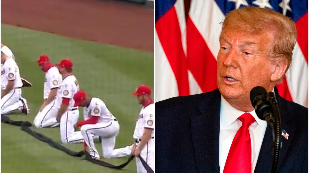 Jugadores de los Washington Nationals arrodillados y Donald Trump