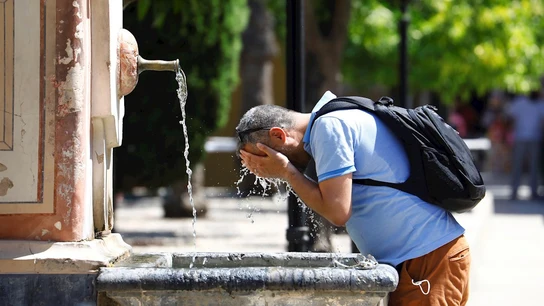 Un hombre en el interior del patio de los naranjos de la Mezquita de Córdoba Un hombre en el interior del patio de los naranjos de la Mezquita de Córdoba