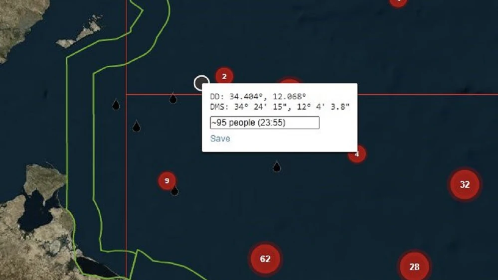 Imagen de las coordenadas donde se encuentra una patera con 95 migrantes