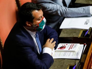 El líder ultraderechista Matteo Salvini, durante la sesión en el Senado. El líder ultraderechista Matteo Salvini, durante la sesión en el Senado.
