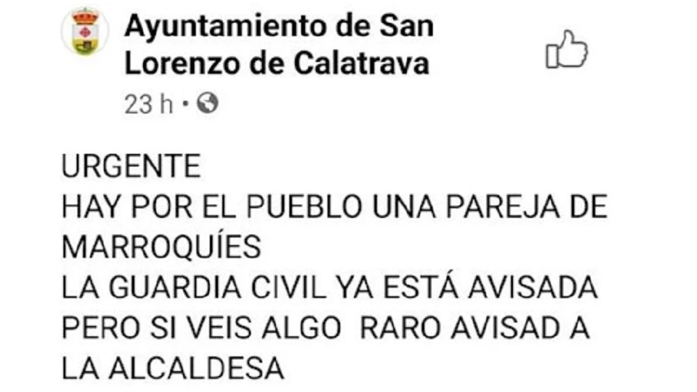 Mensaje en Facebook del Ayuntamiento de San Lorenzo de Calatrava